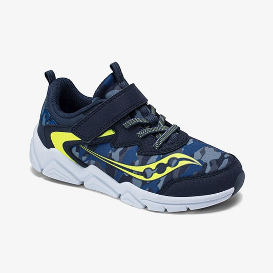 Allen's Bootery Little Kid's Flash LE navy and lime camouflage sneakers with hook-and-loop strap and laces.