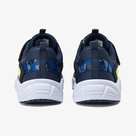 Allen's Bootery Little Kid's Flash LE navy blue sneakers with lime accents and camouflage detailing. Features hook-and-loop closure.