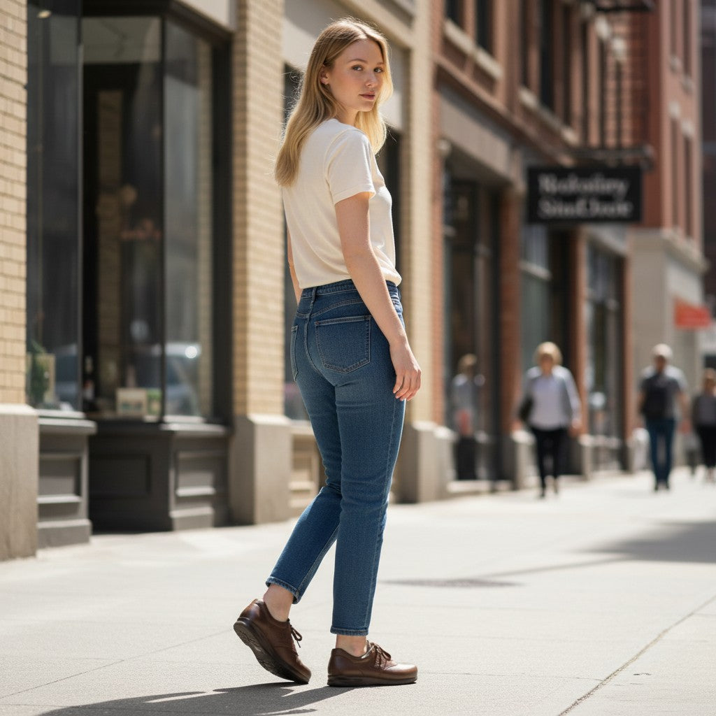 Allen's Bootery Freetime teak leather walking shoes worn by a woman in casual attire on a city sidewalk