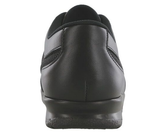Allen's Bootery FT Mesh black leather and breathable mesh walking shoe, rear view showing cushioned sole