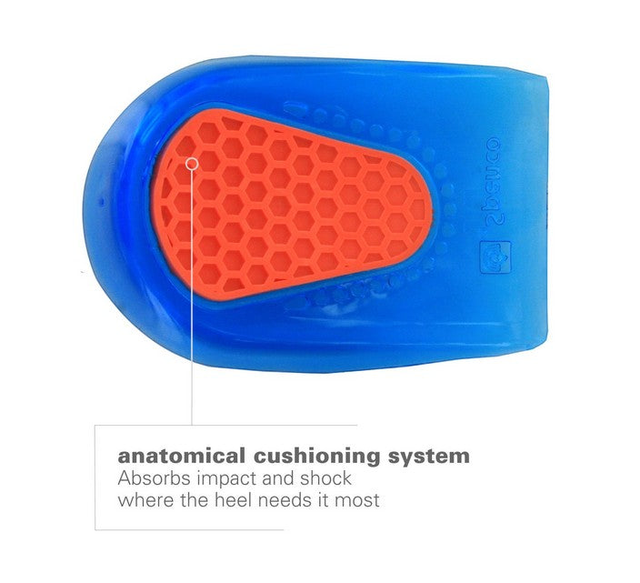 Allen's Bootery Spenco gel heel cup with blue thermoplastic rubber and orange honeycomb impact cushioning system.