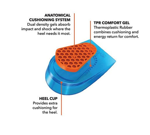 Allen's Bootery Spenco gel heel cup with orange honeycomb impact protection and blue thermoplastic rubber cushioning.