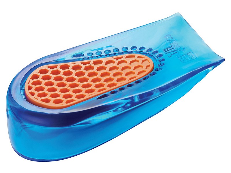 Allen's Bootery Spenco gel heel cups featuring a blue thermoplastic rubber shell and an orange honeycomb impact zone.