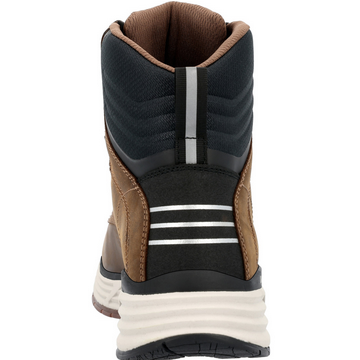 Allen's Bootery Georgia Boot DuraBlend waterproof work boot, back view showing brown leather and reflective details.