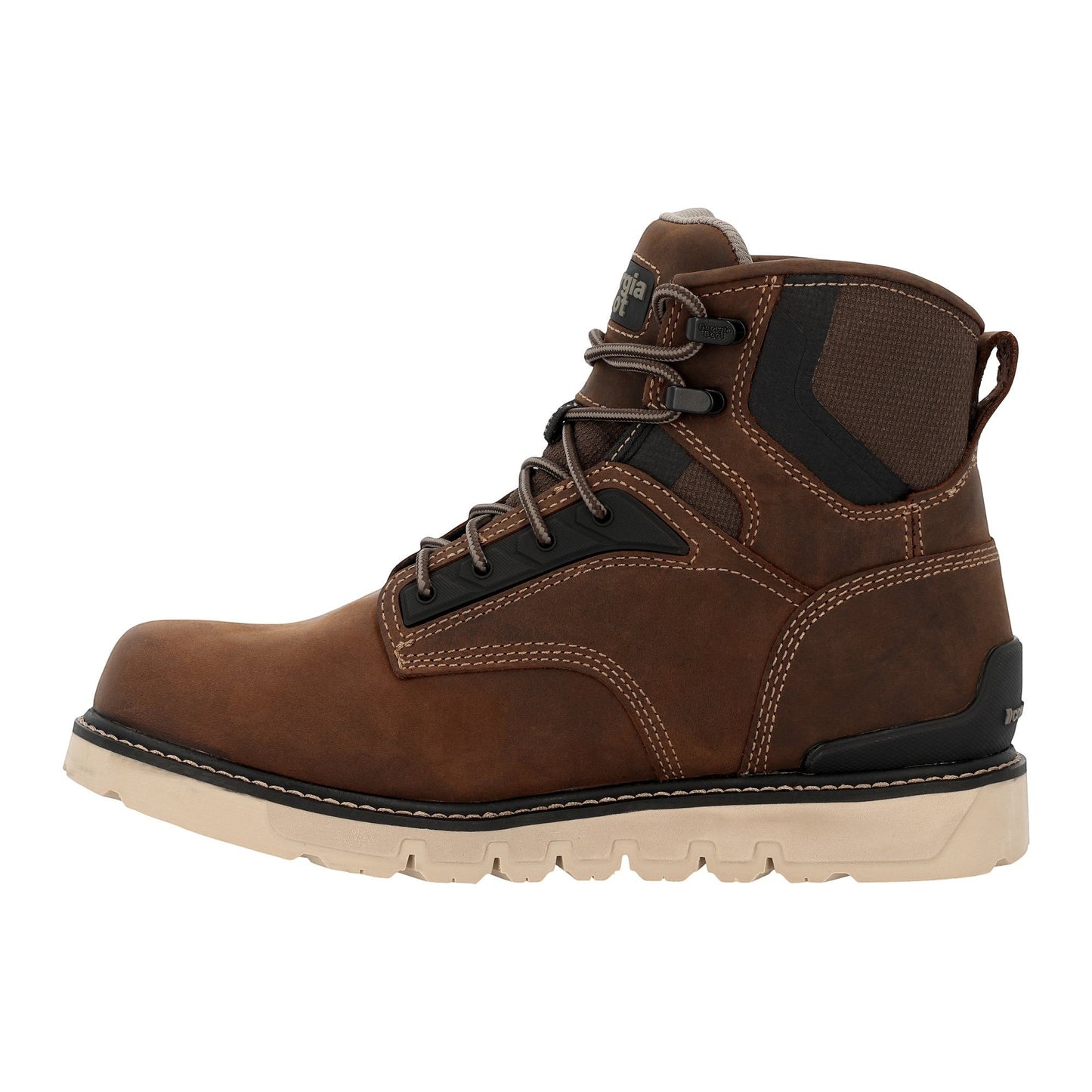 Allen's Bootery Georgia Boot Carbon Flex Wedge waterproof work boot in brown full-grain leather with a beige sole.
