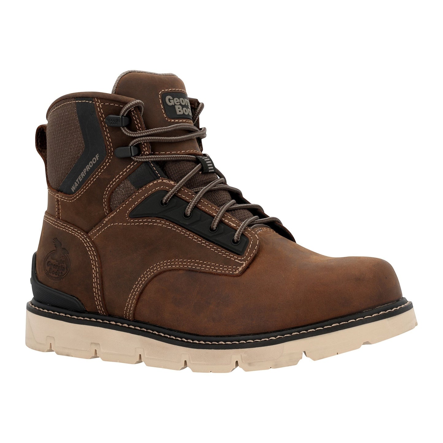 Allen's Bootery Georgia Boot Carbon Flex Wedge Waterproof Work Boot, brown full-grain leather, 6-inch height, lace-up, EH rated.