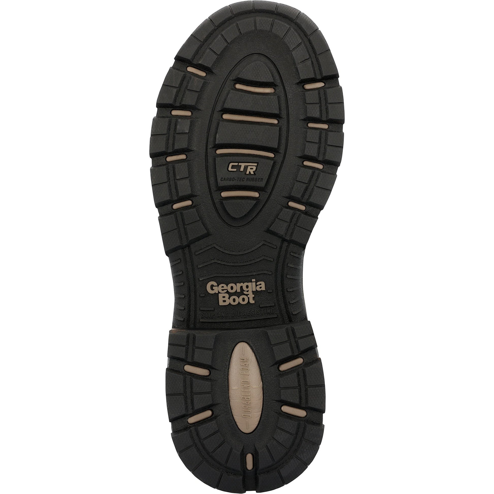 Allen's Bootery Georgia Boot DuraBlend Edge 6" waterproof alloy toe work boot outsole. Black rubber with tan accents.