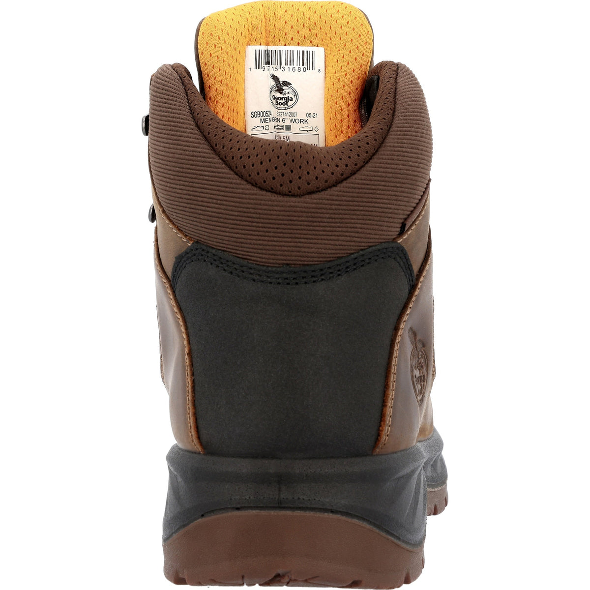 Allen's Bootery Georgia Boot waterproof hiker work boot featuring brown leather, black heel guard, and padded collar