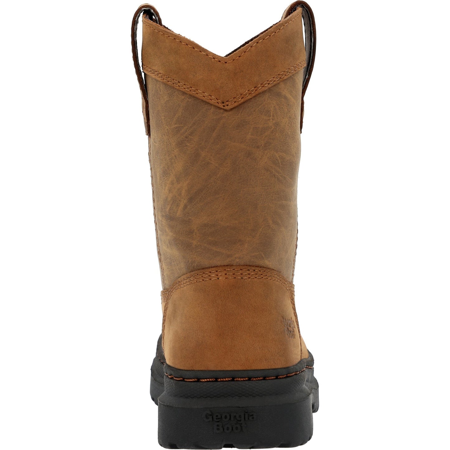 Allen's Bootery Georgia Boot kids' brown leather Romeo SuperLyte pull-on boot, back view showing durable black outsole.