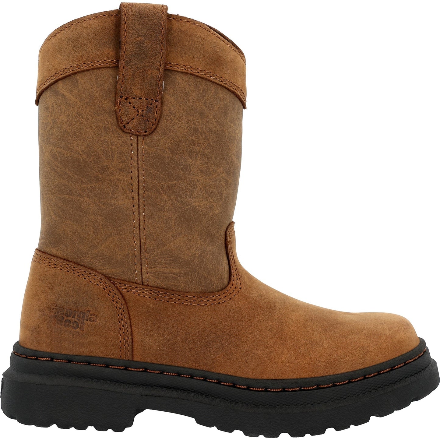 Allen's Bootery Georgia Boot kids' brown leather pull-on Romeo SuperLyte boot with a black slip-resistant outsole.
