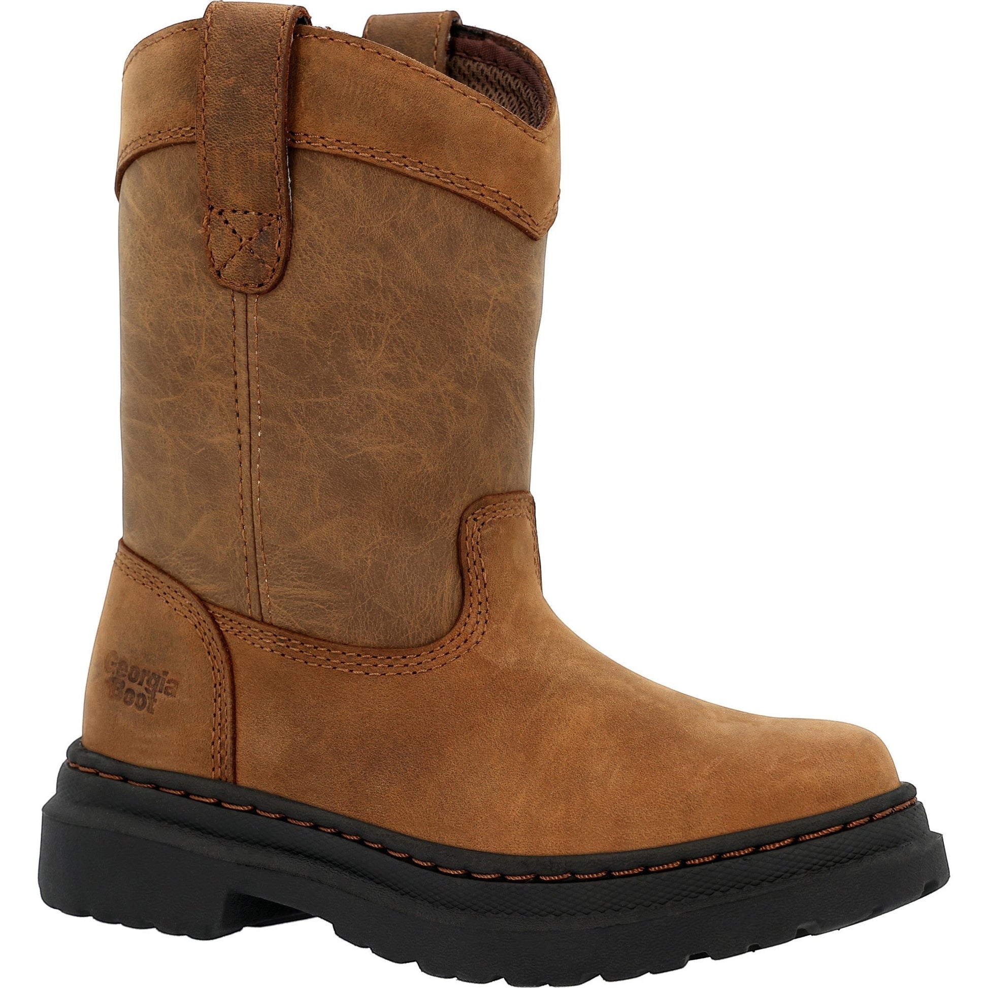 Allen's Bootery Georgia Boot kids' brown leather Romeo pull-on boot with slip-resistant black outsole