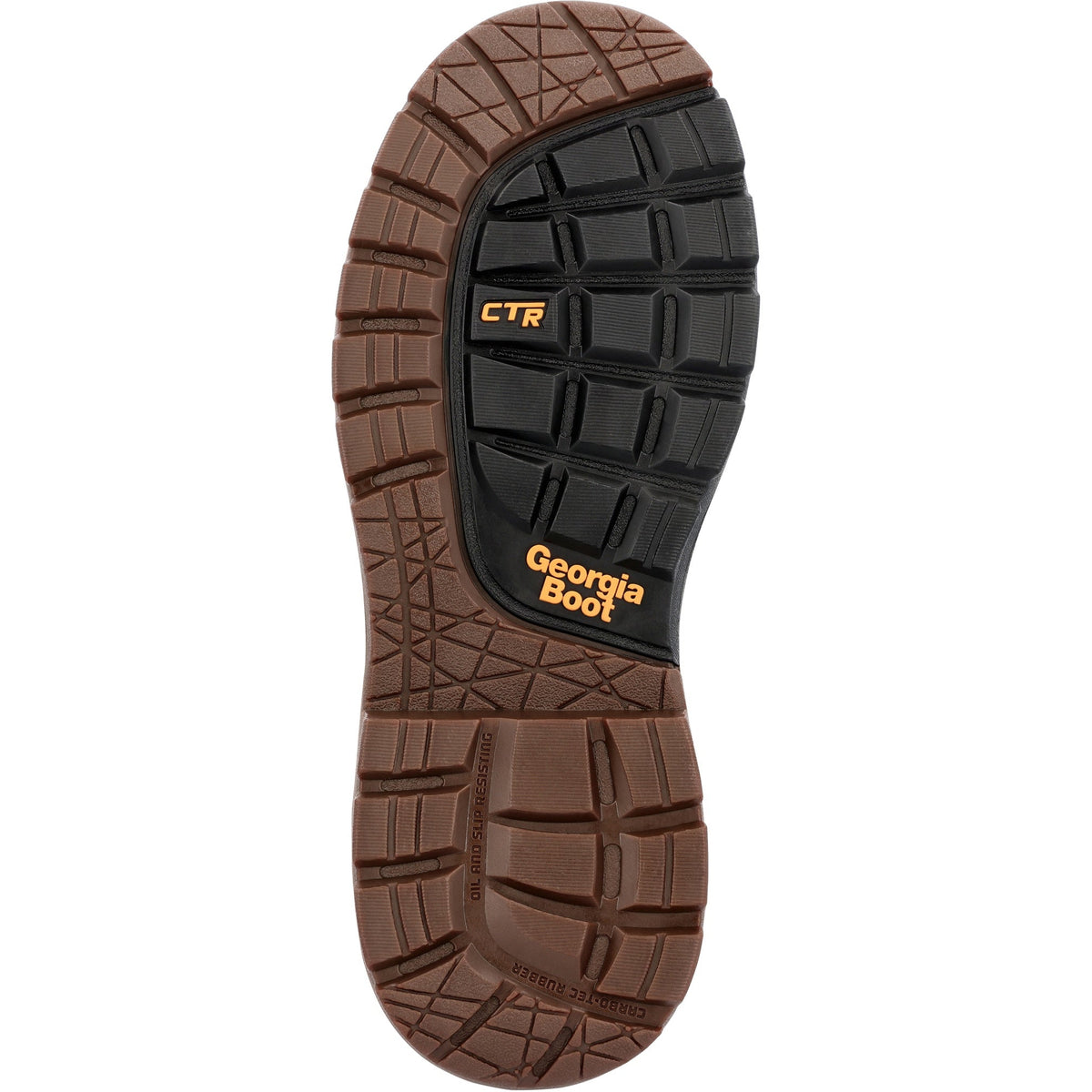 Allen's Bootery Georgia Boot work boot outsole featuring brown and black Carbo-Tec rubber with slip-resistant tread