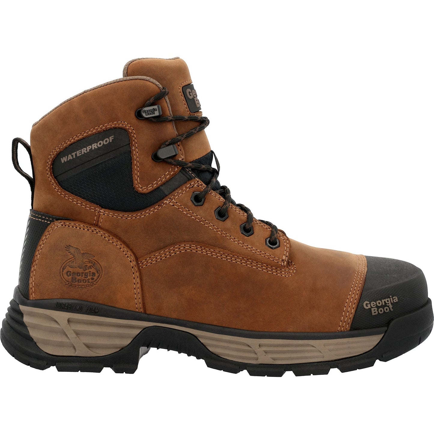 Allen's Bootery brown full-grain leather waterproof alloy toe work boot with lace-up closure and rugged sole.