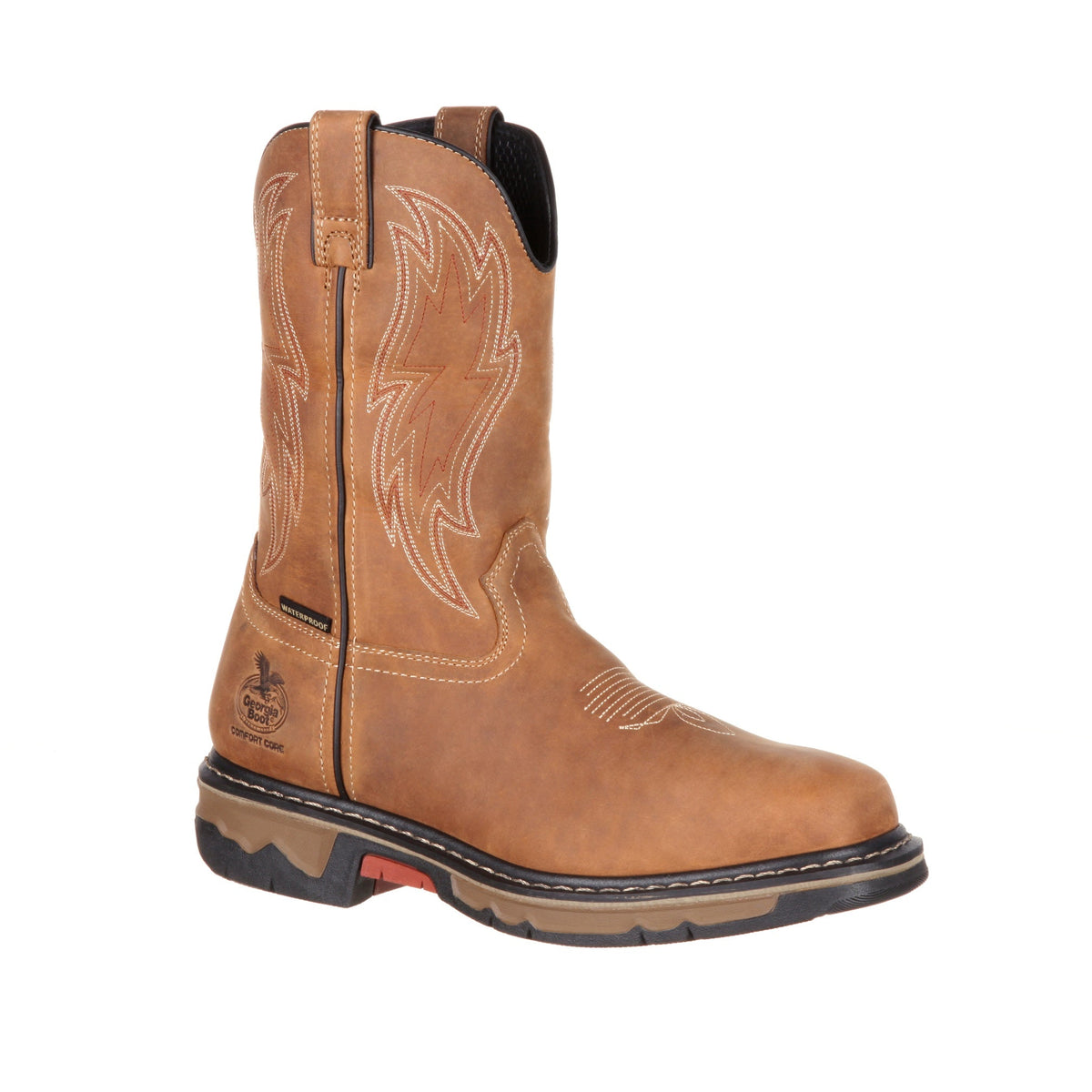 Allen's Bootery Georgia Boot Carbo-Tec waterproof square toe work boot in brown leather with western embroidery.