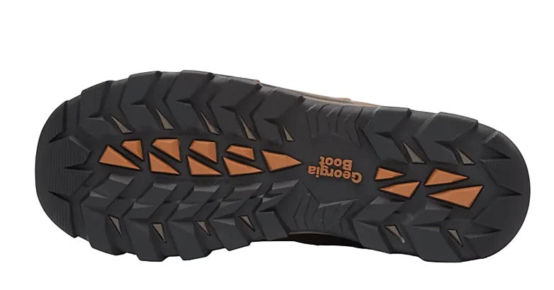 Allen's Bootery Georgia TrailPoint hiker work boot showing the slip-resistant black and brown rubber lugged outsole.