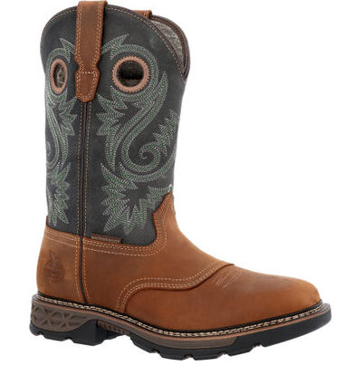 Allen's Bootery Georgia Boot Carbo-Tec FLX waterproof pull-on work boot in brown leather with grey embroidered shaft