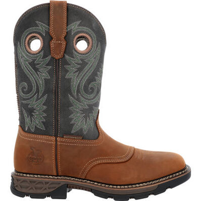 Allen's Bootery Georgia Boot Carbo-Tec FLX waterproof pull-on work boot in brown leather with grey decorative shaft