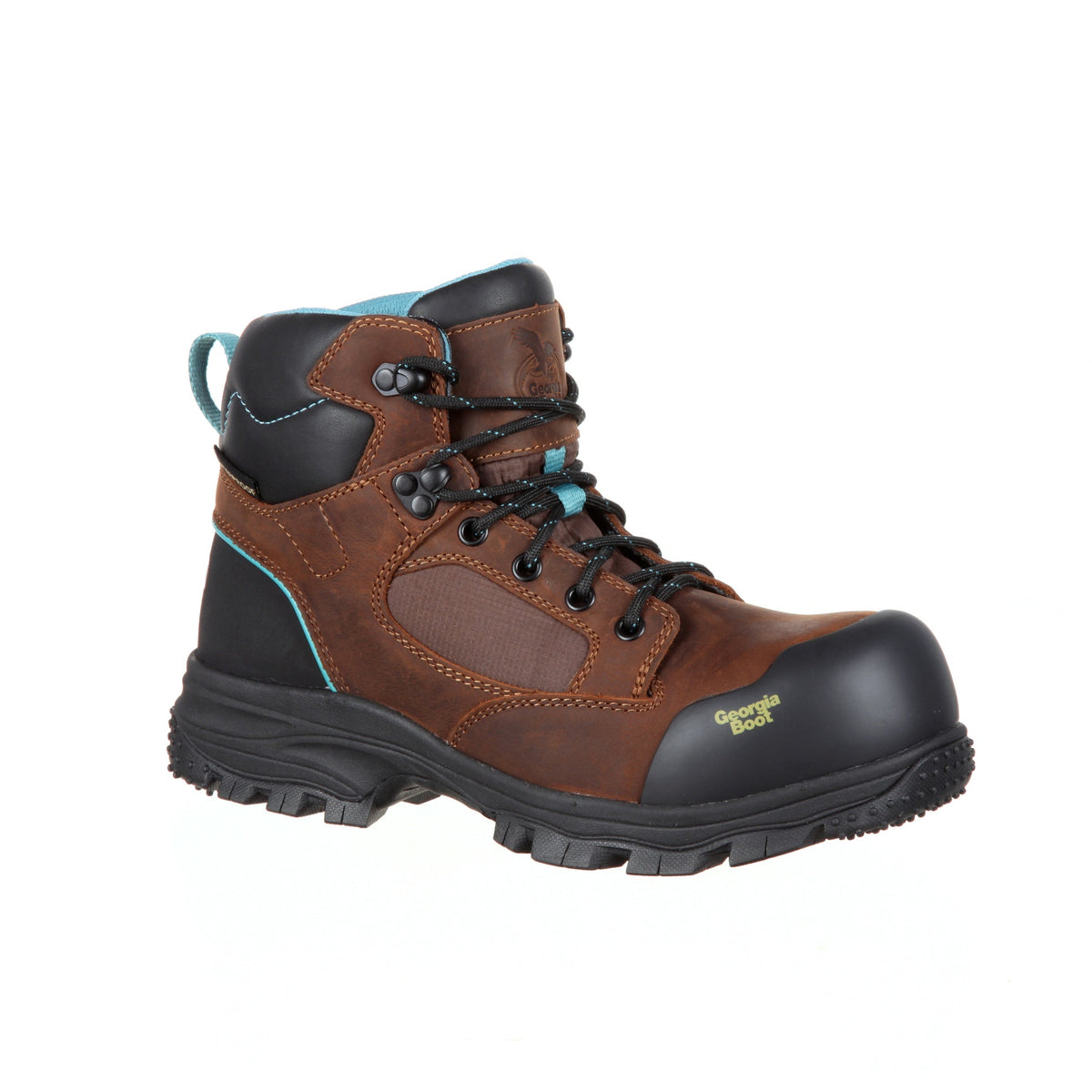 Allen's Bootery Georgia Boot women's brown leather waterproof work boot with composite toe and blue accents