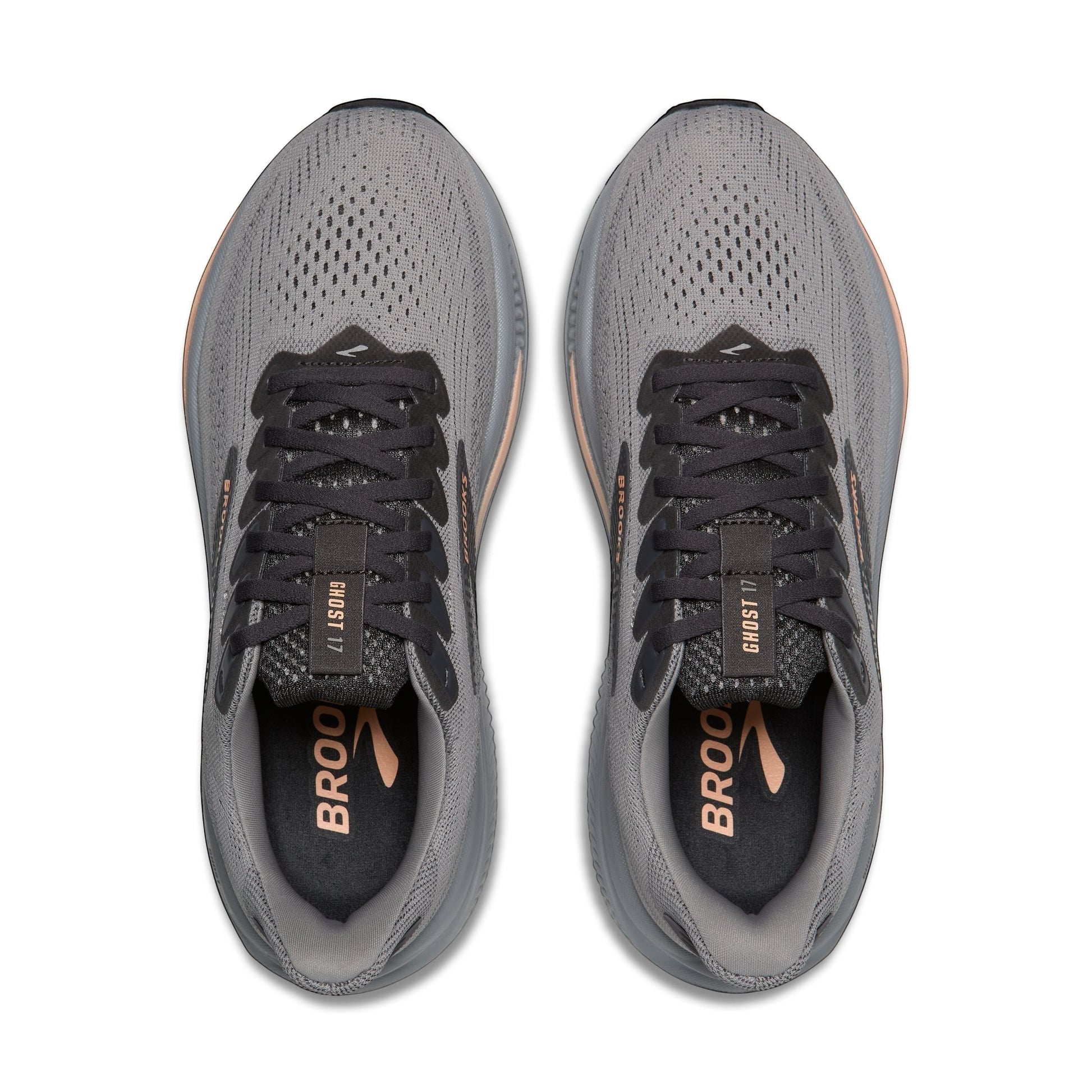 Allen's Bootery Women's Ghost 17 alloy and blackened pearl running shoes with peach accents. Neutral support, 10mm drop.