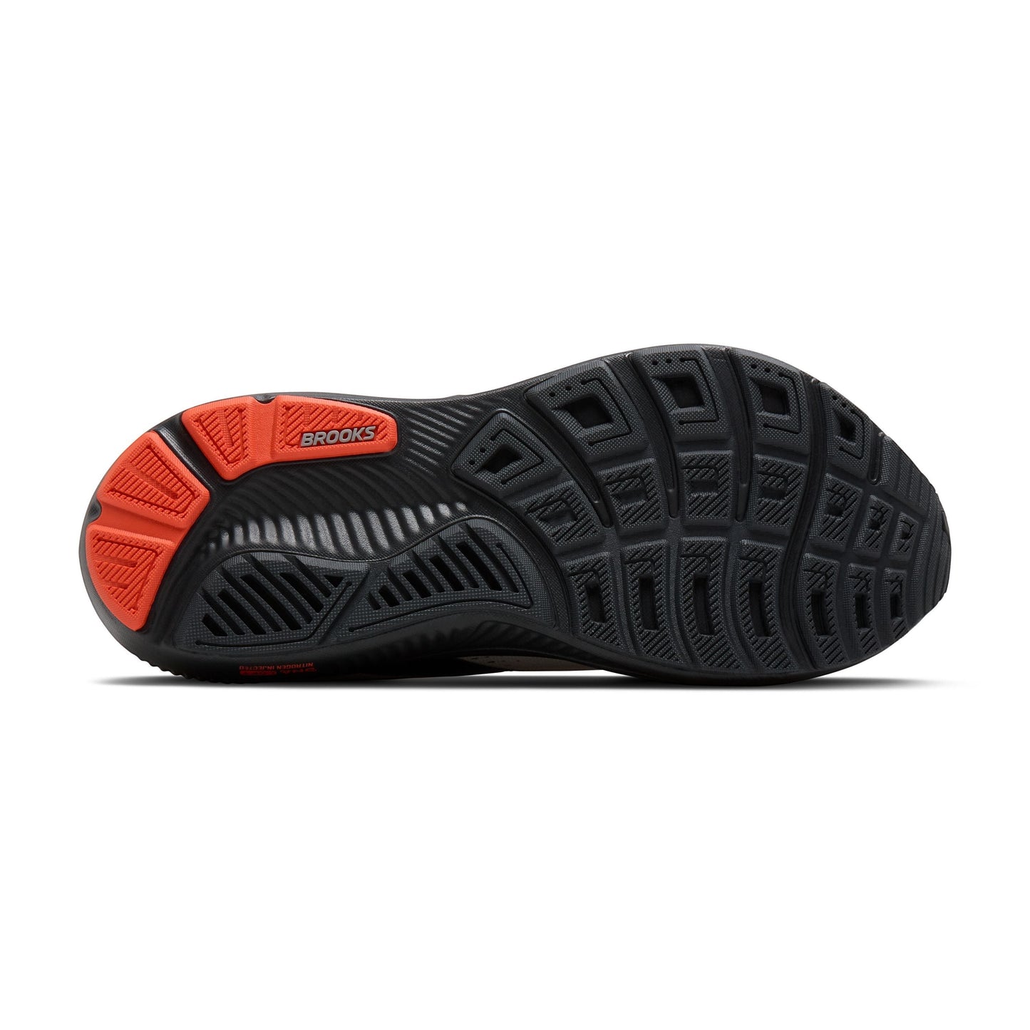 Allen's Bootery Brooks Ghost 18 road running shoe outsole in black with orange traction details