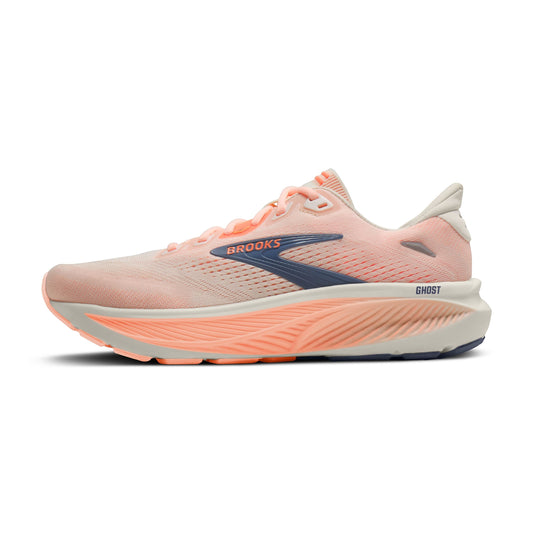 Allen's Bootery W Ghost 18 women's running shoe in star white, cyber peach, and grey mesh with navy blue accents.