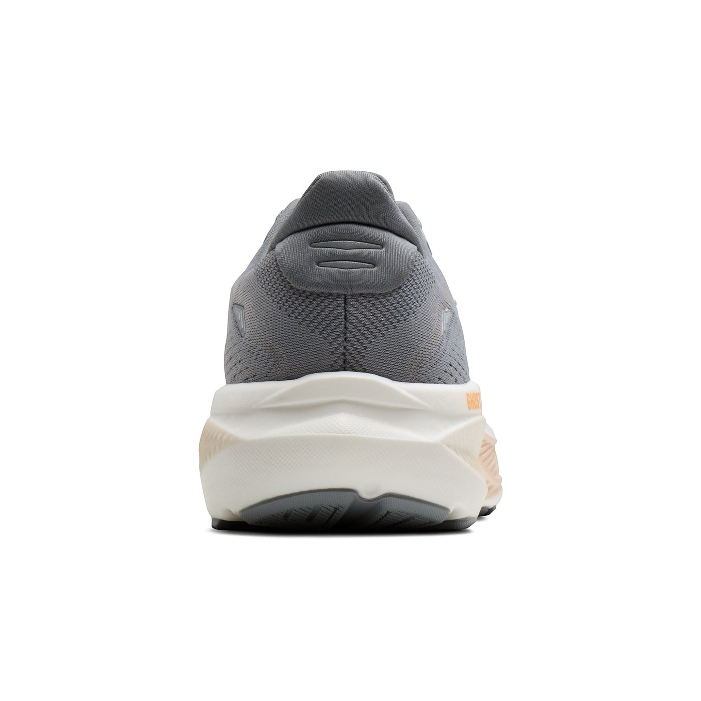 Allen's Bootery women's Ghost 18 road-running shoe in grey, morganite, and coconut with reflective heel detailing.