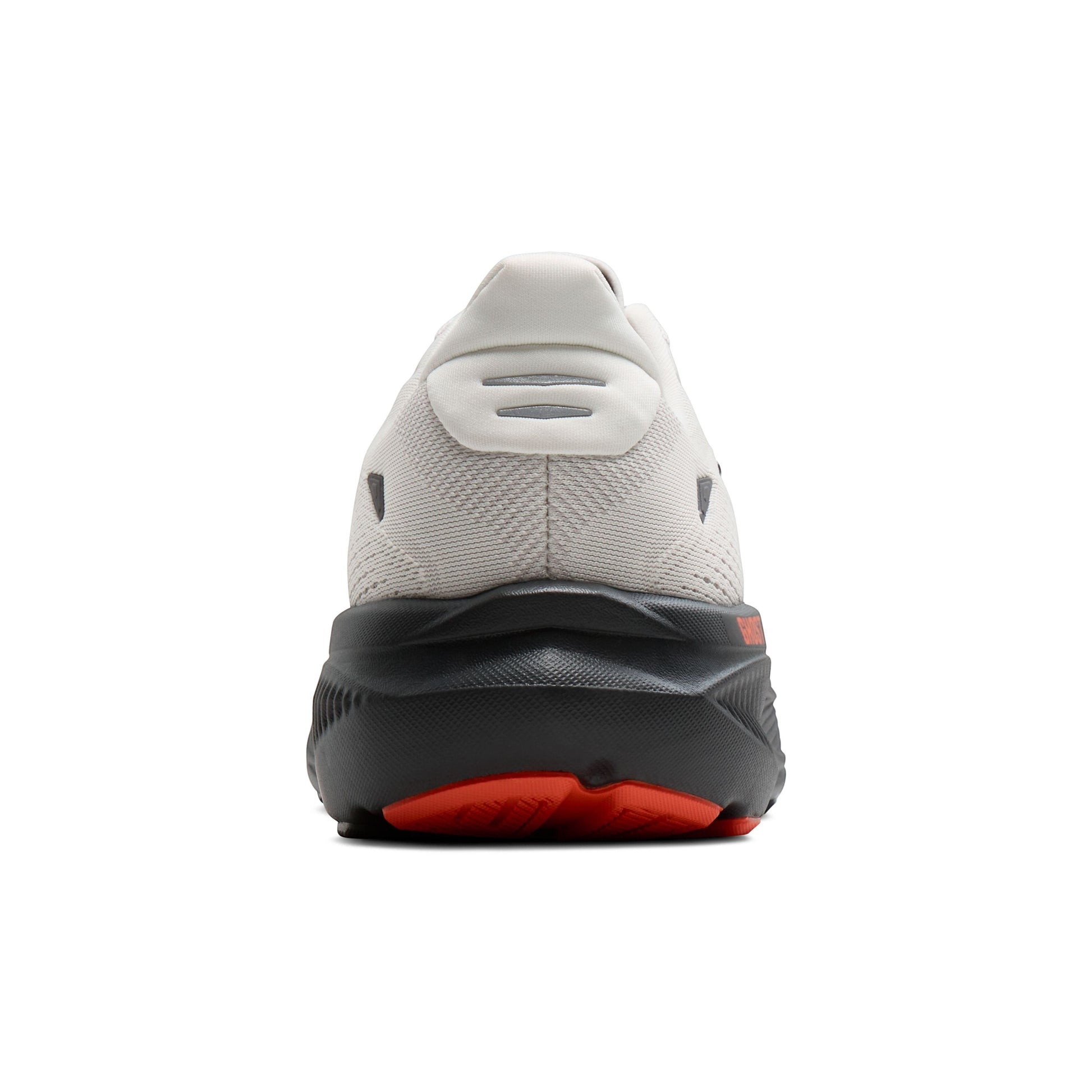 Rear view of Allen's Bootery Men's Ghost 18 road-running shoe in coconut, pearl, and tigerlily with reflective heel.