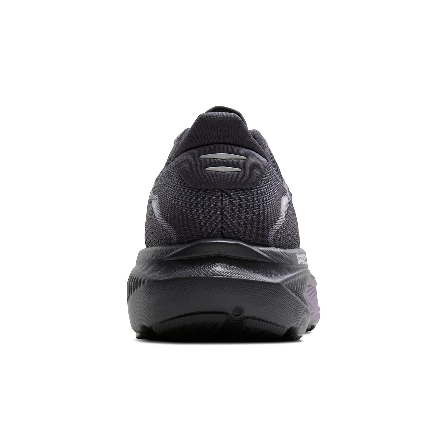 Allen's Bootery Women's Ghost 18 road-running shoe in ebony and folkstone with reflective heel detailing, rear view.