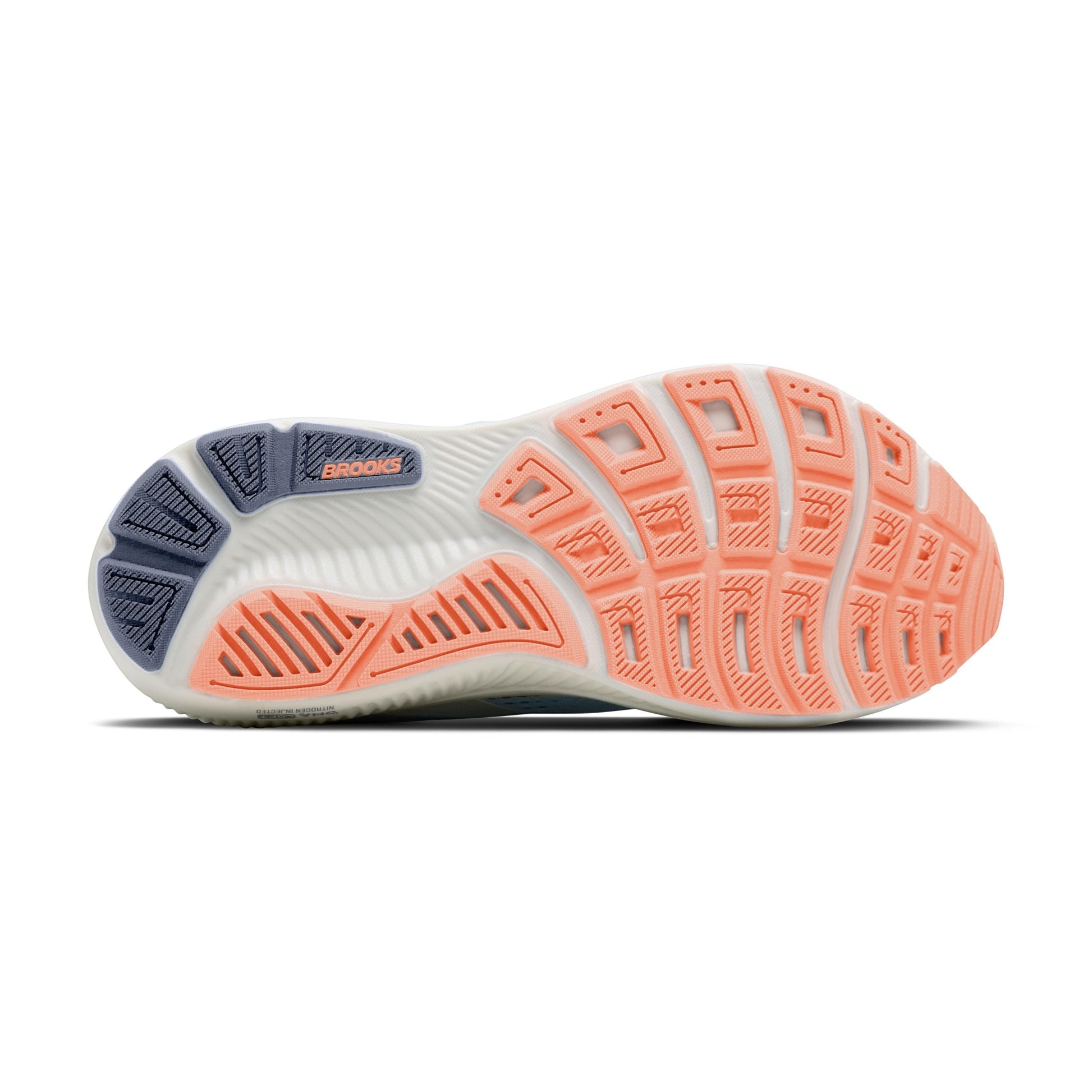 Allen's Bootery W Ghost 18 running shoe sole with white, cyber peach, and grey rubber.