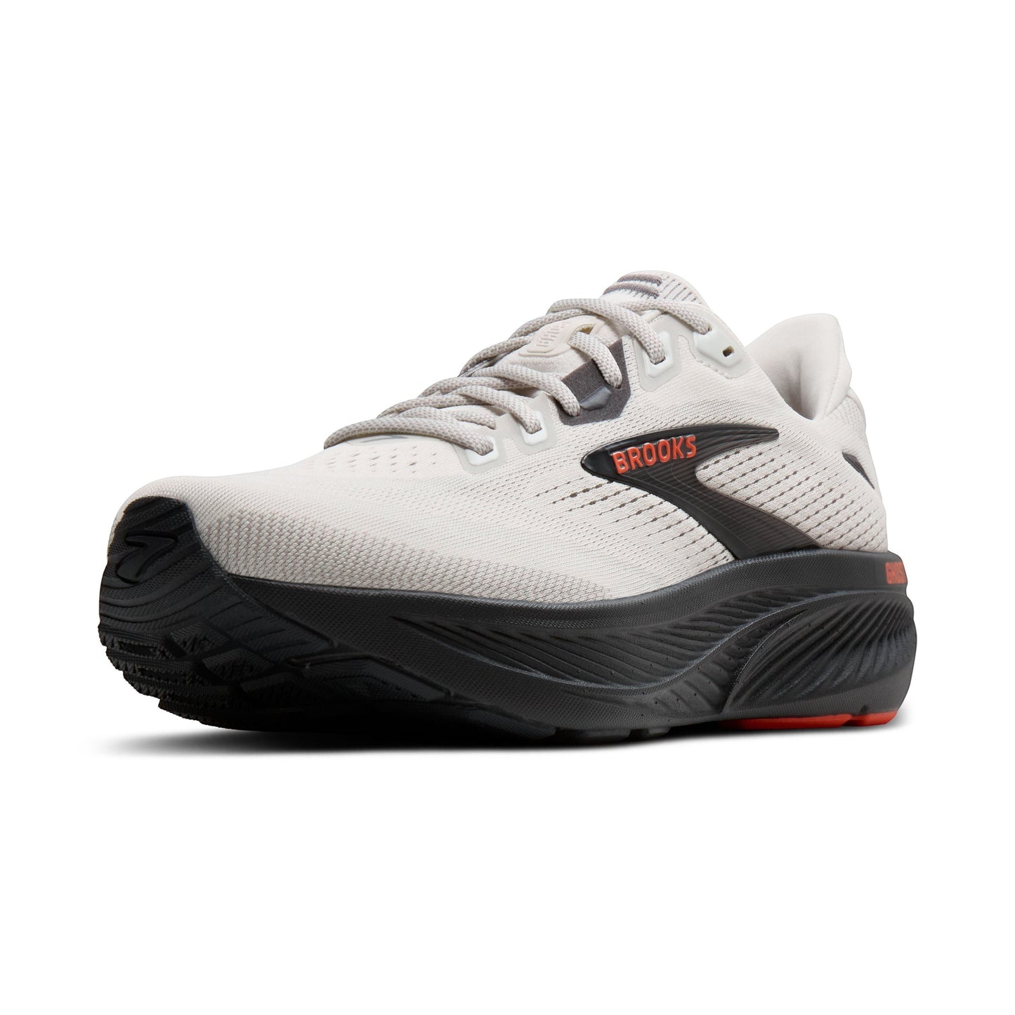 Allen's Bootery men's Ghost 18 road running shoe in coconut, pearl, and tigerlily with a black cushioned sole.