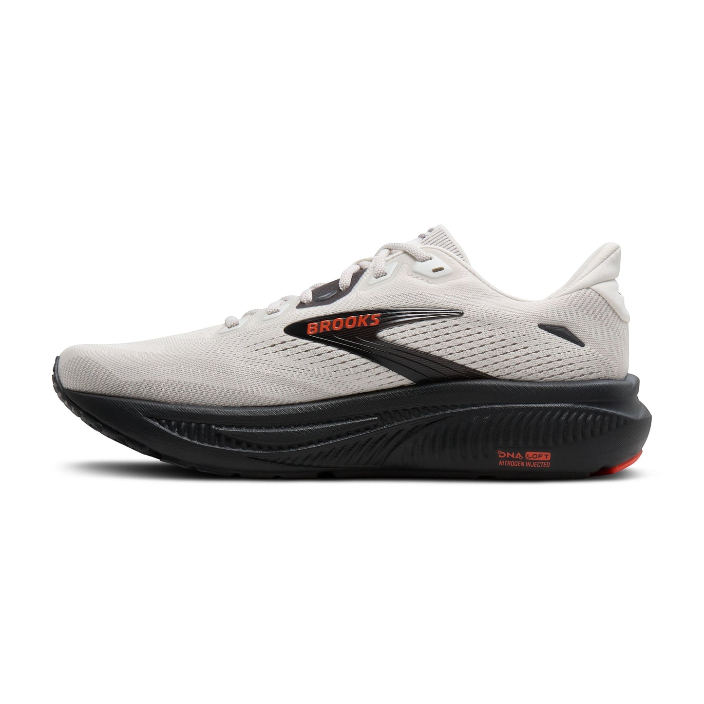 Allen's Bootery men's Ghost 18 road-running shoe in coconut, pearl, and tigerlily with a black DNA LOFT midsole.