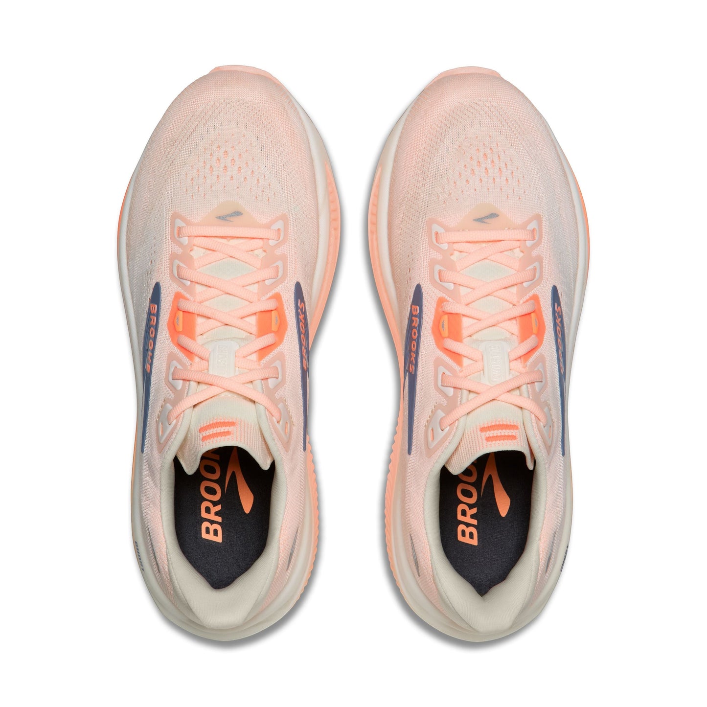 Allen's Bootery W Ghost 18 women's running shoes in star white, cyber peach, and grey mesh with lace-up closure.