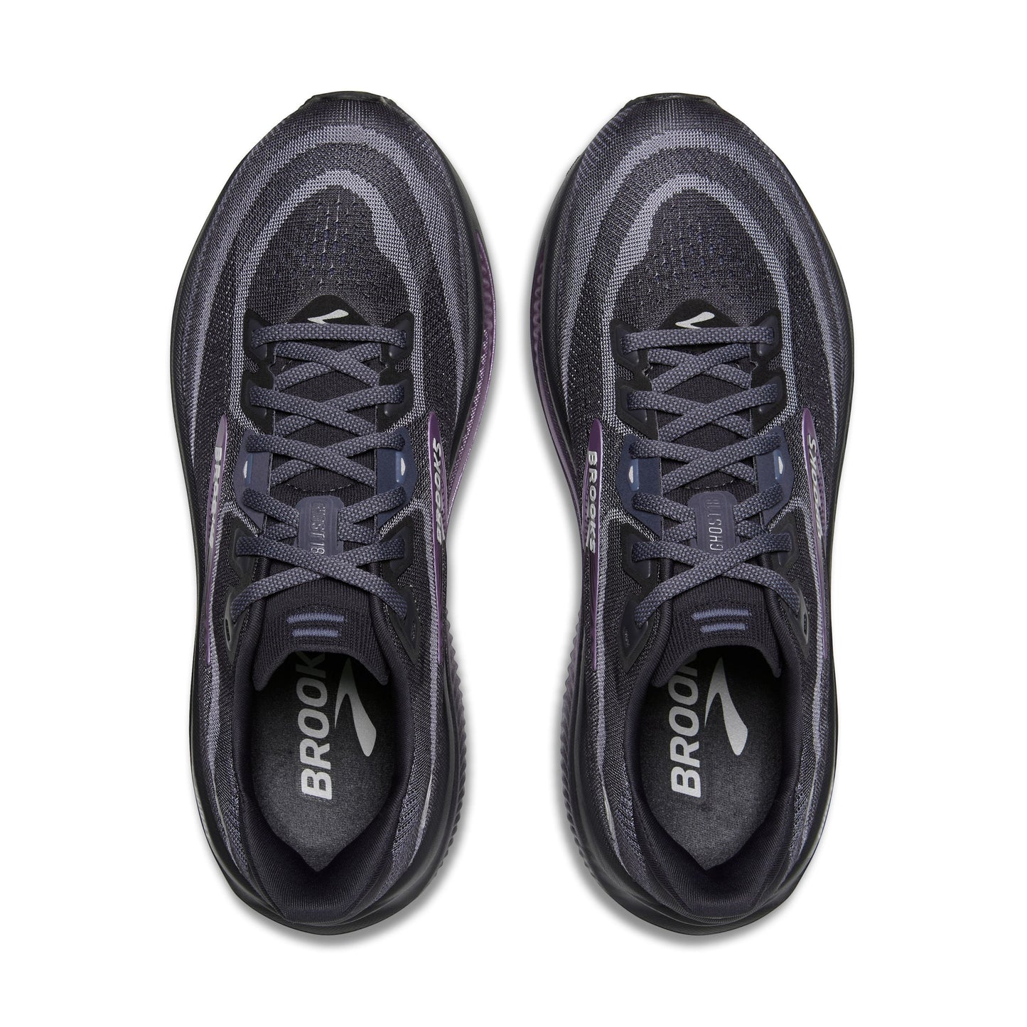 Allen's Bootery women's Ghost 18 road-running shoes in ebony and folkstone with metallic accents, top-down view.