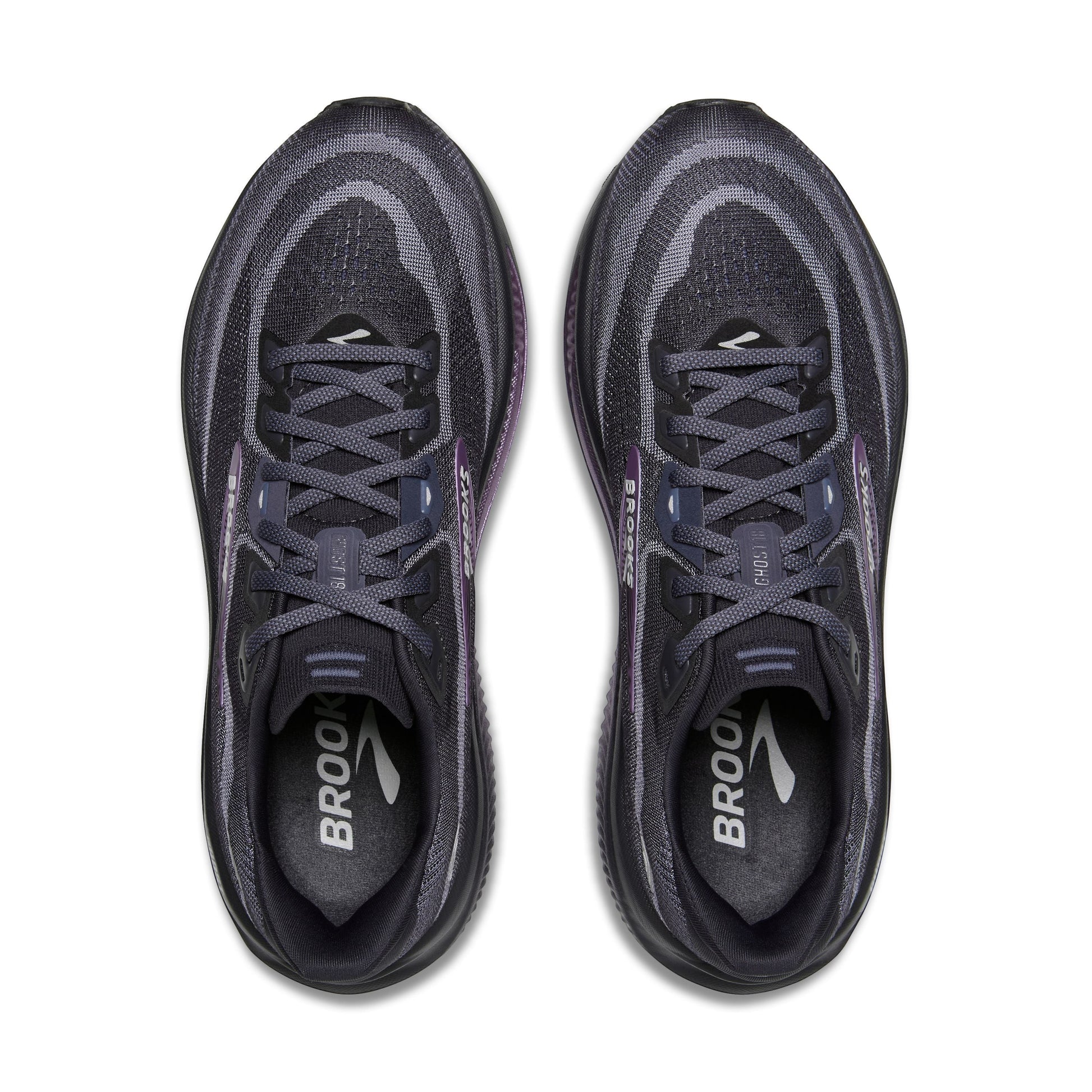Allen's Bootery women's Ghost 18 road-running shoes in ebony and folkstone with metallic accents, top-down view.