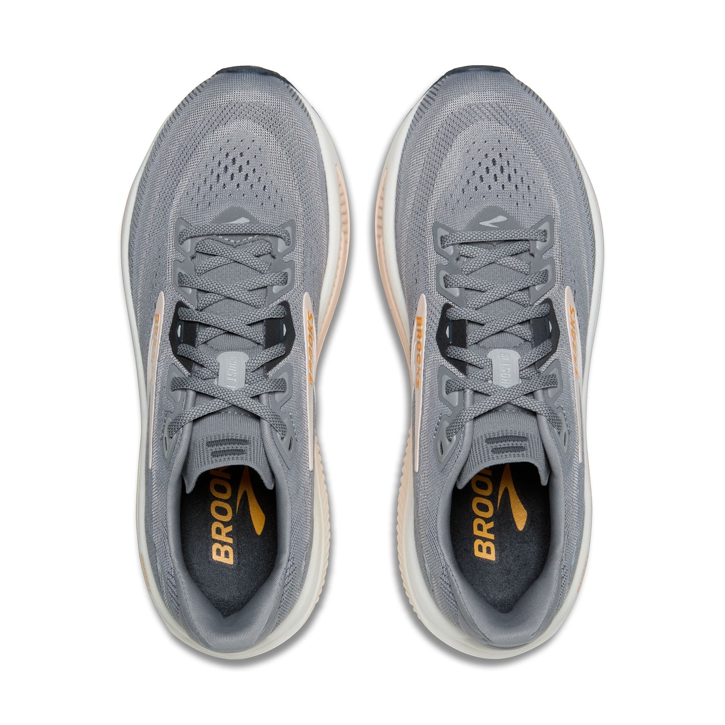 Allen's Bootery women's Ghost 18 road-running shoes in grey, morganite, and coconut with a breathable knit upper.