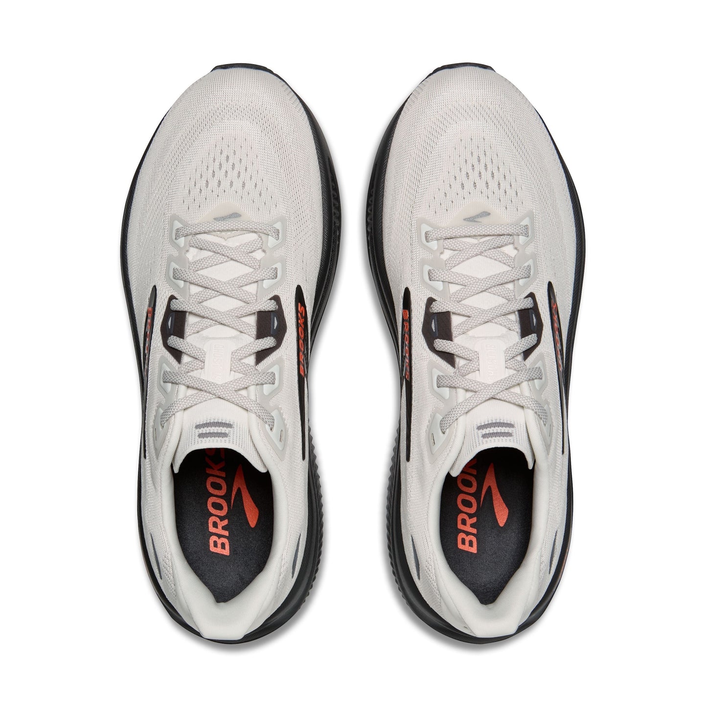 Allen's Bootery men's Ghost 18 road-running shoes in coconut, pearl, and tigerlily with a flat knit upper.