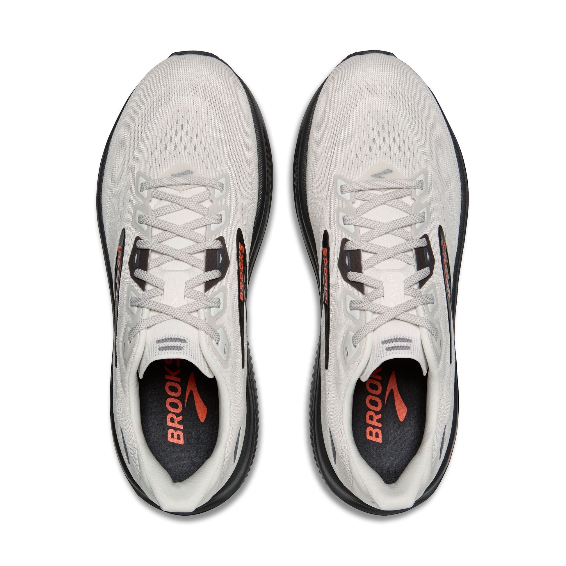 Allen's Bootery men's Ghost 18 road-running shoes in coconut, pearl, and tigerlily with a flat knit upper.