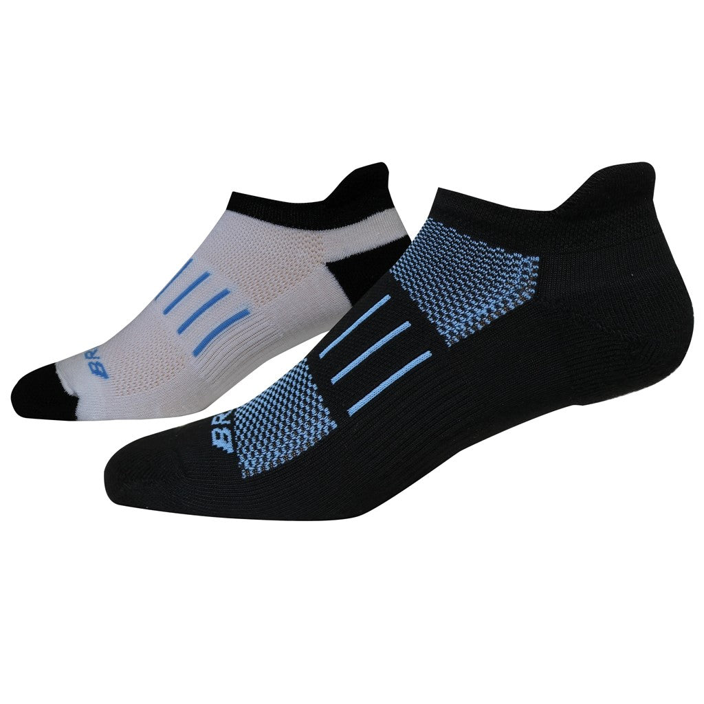 Allen's Bootery Ghost 2-pack athletic socks in black and white with blue mesh ventilation and heel cushioning