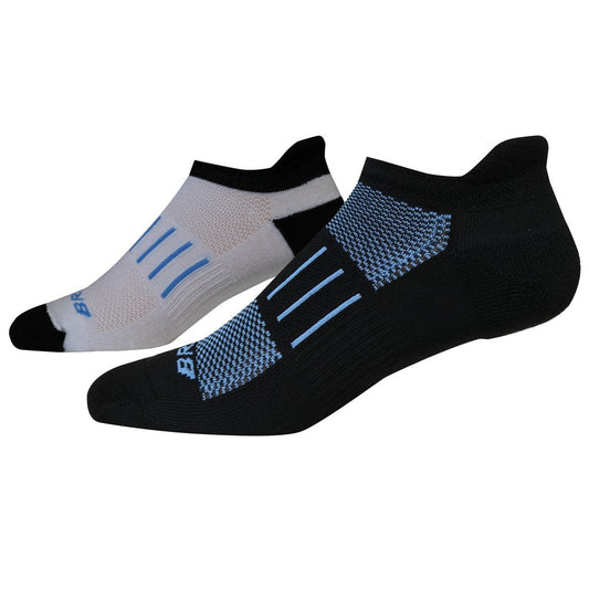 Allen's Bootery Ghost 2-pack athletic socks in black and white with blue mesh ventilation and heel cushioning.