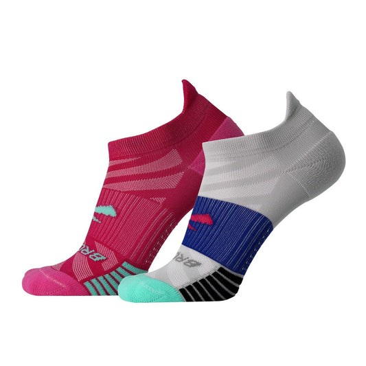 Allen's Bootery Ghost Lite no-show running socks in pink and light grey with arch compression and Achilles tabs.