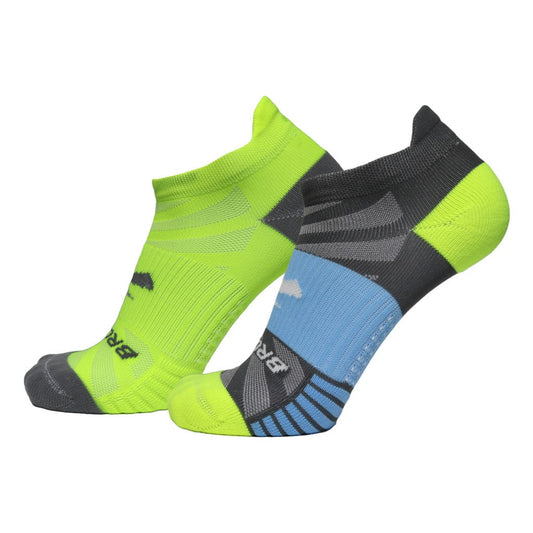 Allen's Bootery Ghost Lite no-show running socks in neon yellow and blue with targeted cushioning and arch support.
