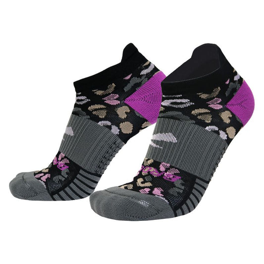 Allen's Bootery Ghost Lite no-show running socks in black, grey, and purple with an animal-inspired print pattern.