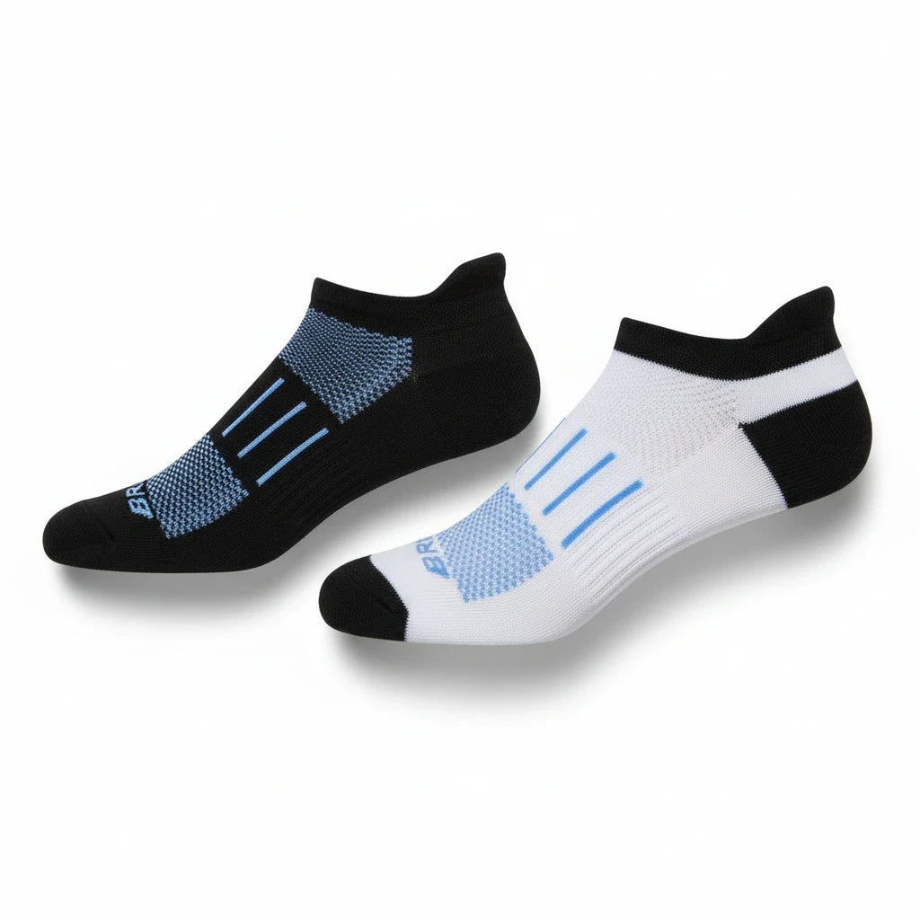 Allen's Bootery Ghost 2-pack performance low-cut athletic socks in black and white with blue mesh ventilation panels.