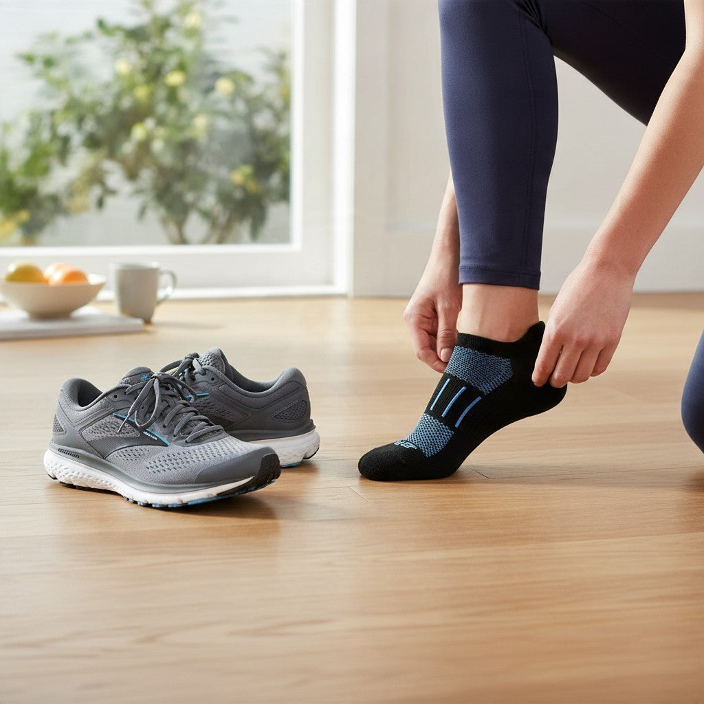 Allen's Bootery Ghost performance socks in black and blue with arch support, worn by an athlete with grey sneakers.