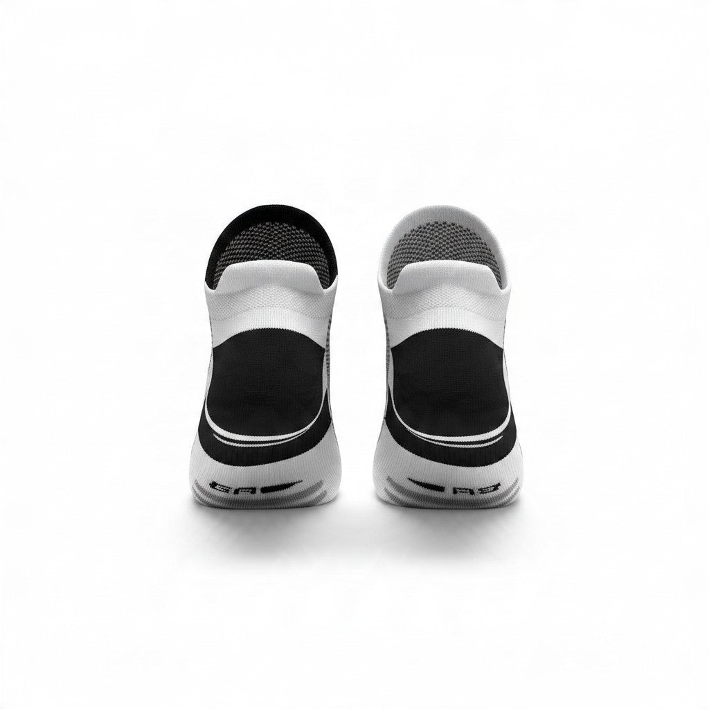 Allen's Bootery Ghost 2-pack low-cut performance socks in black and white with moisture-wicking mesh ventilation.