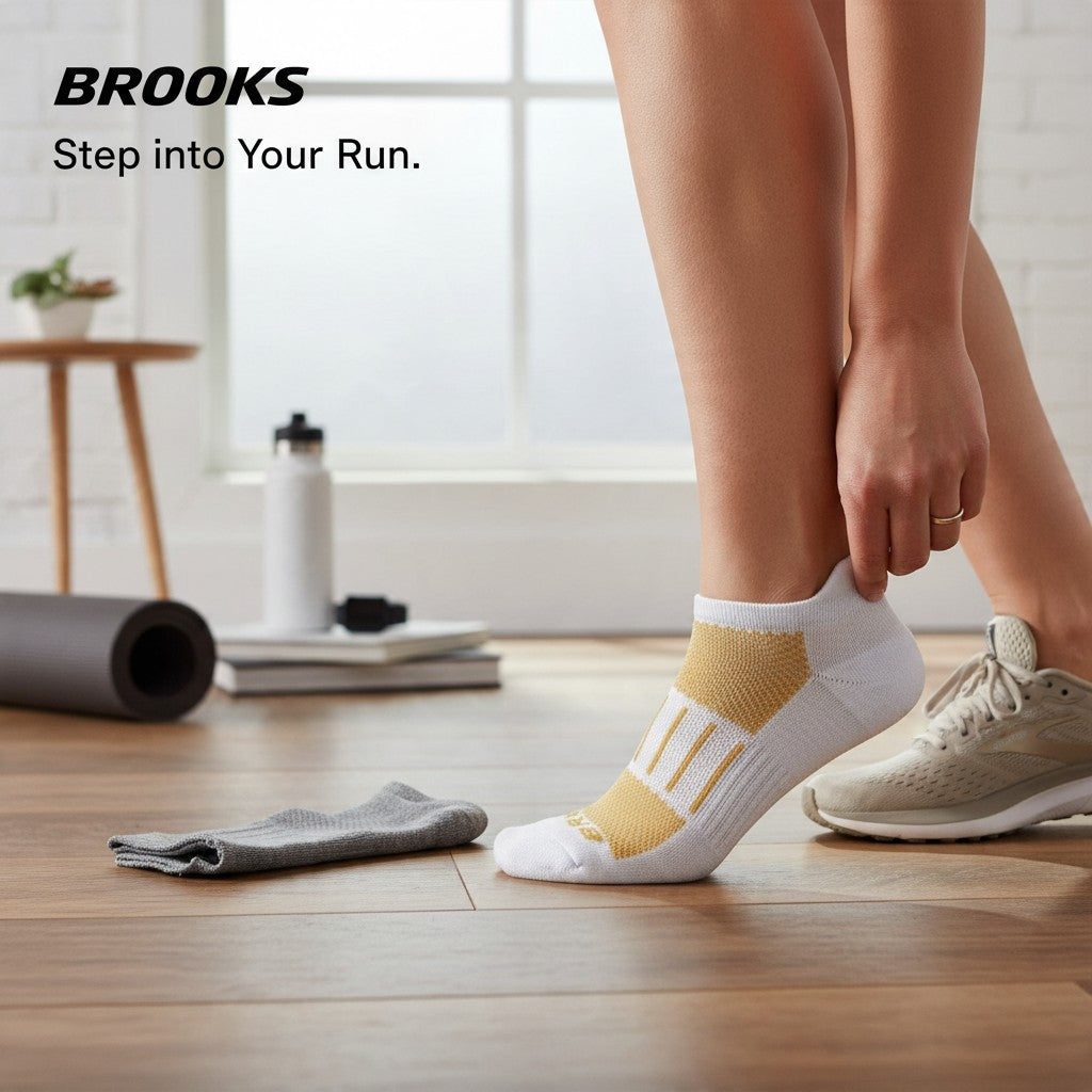 Allen's Bootery Ghost 2-pack athletic running socks in white, golden hour, and oxford grey with a heel tab.