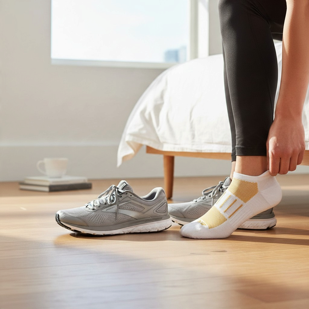 Allen's Bootery Ghost 2-pack athletic running socks in white, golden hour, and oxford grey with a low-cut heel tab.