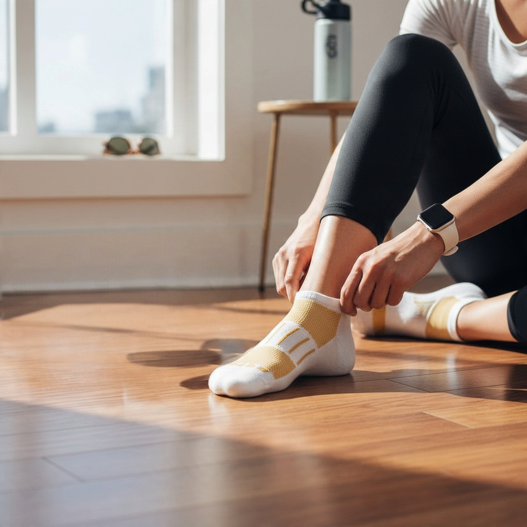 Allen's Bootery Ghost 2-Pack athletic running socks in white, golden hour, and oxford grey on a runner's feet.