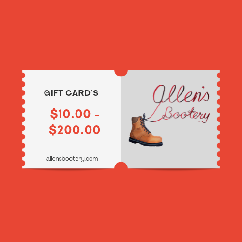 Allen's Bootery gift card featuring a brown work boot illustration and website URL on a vibrant red background.