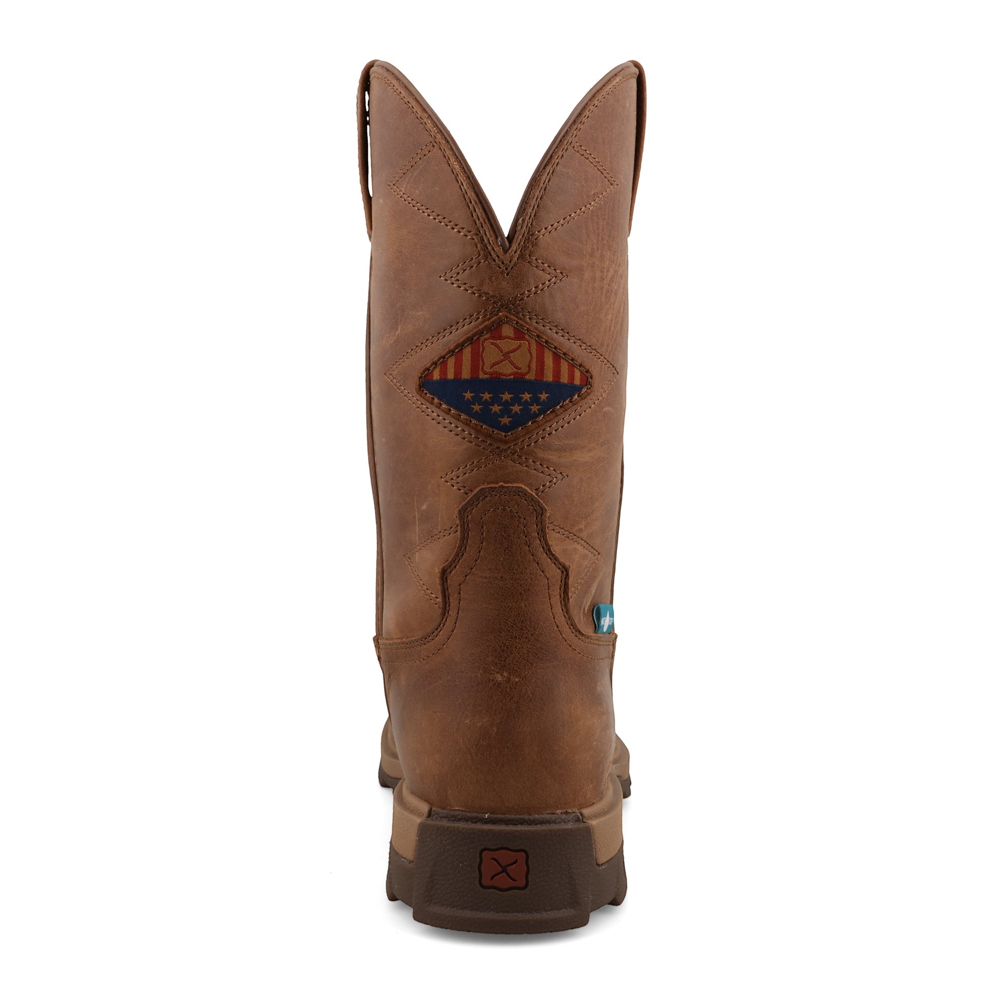 Allen's Bootery ginger brown leather UltraLite X work boot, back view showing American flag patch and pull tabs